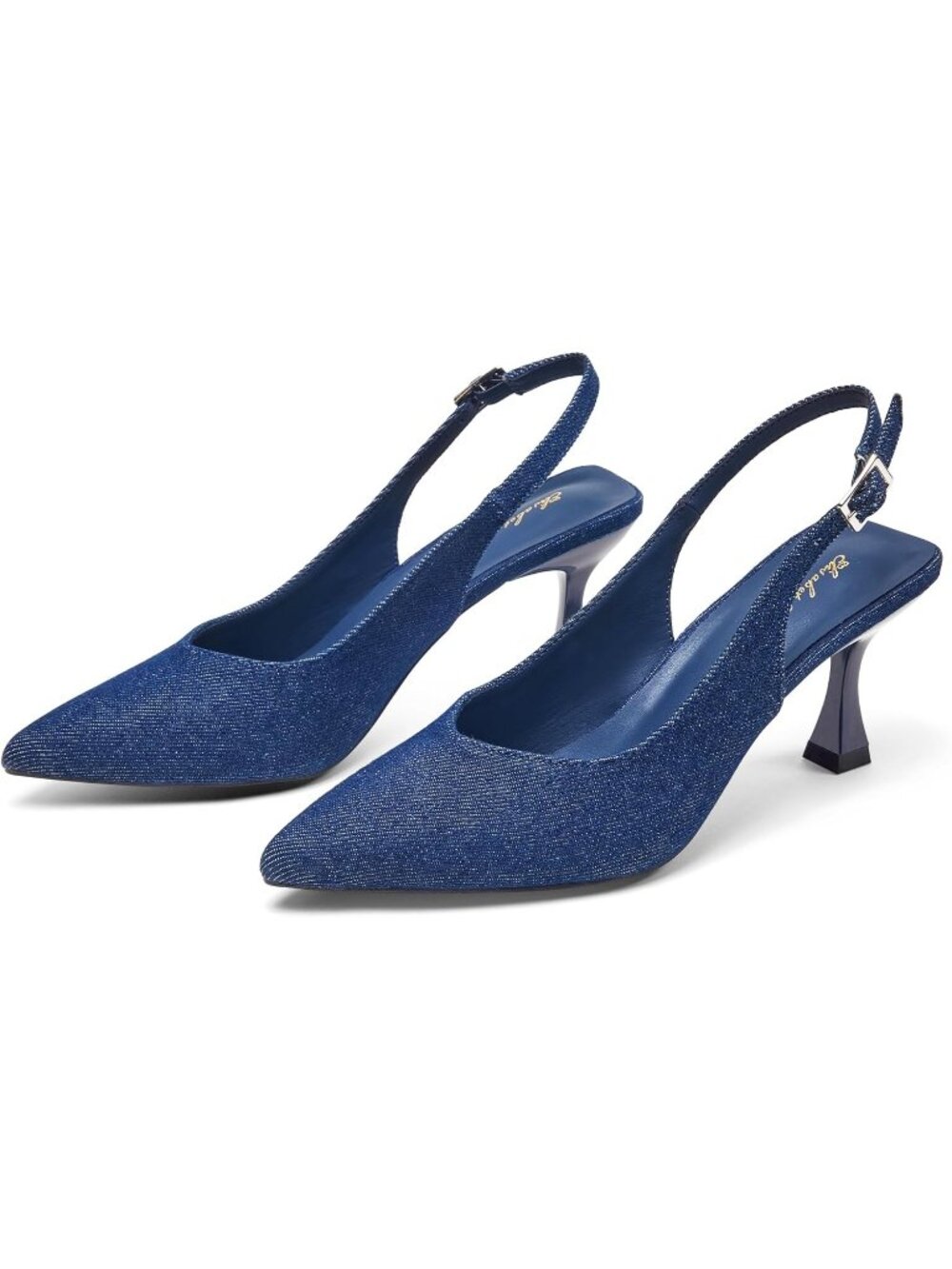 Women's Blue Kitten Heel Slingback Low 3 Inches Stiletto Pointed Toe Elegant - Picture 3 of 7